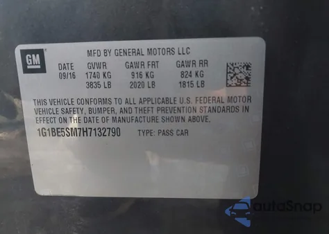 2017 Chevrolet Cruze Lt Auto z USA, uszkodzony, nr VIN 1G1BE5SM7H7132790